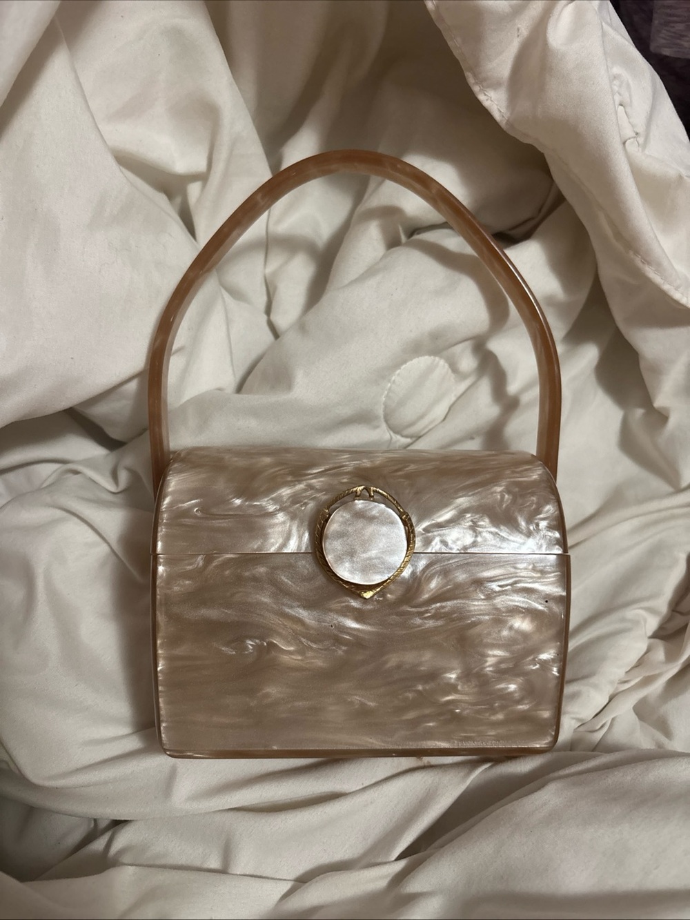 Vintage Wilardy Lucite purse Beige Mini Top-Handle Bag with Gold Accent